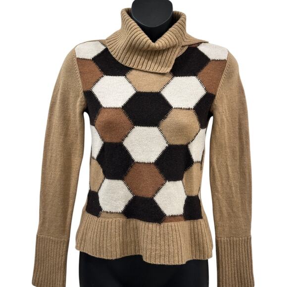 90s Kenneth Cole Wool Tortoise Patchwork Turtleneck Sweater - Picture 2 of 7